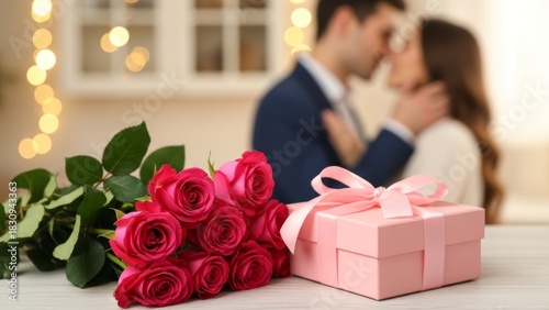 Romantic Couple Celebrating Love with Gift and Roses in Cozy Setting