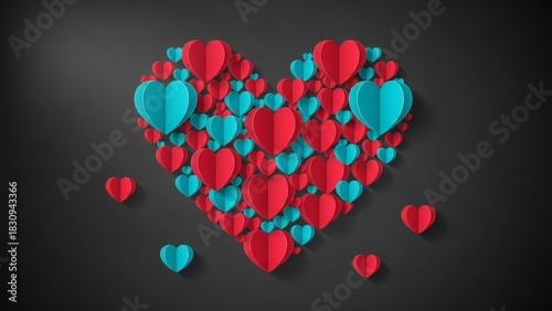 Vibrant 3D heart composed of colorful red and blue love symbols on dark