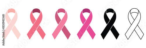 Breast cancer awareness ribbon set, featuring various styles, colors, and designs, symbolizing support, hope, and solidarity, suitable for health campaigns, social media graphics, and educational mate