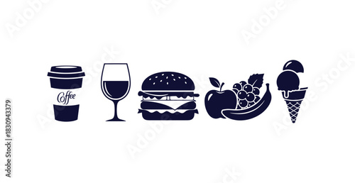 Black silhouette icons of popular food and drink items including coffee wine burger fruit and ice cream cone