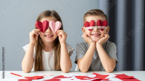 children holding decorative paper hearts over their eyes with smiles and love
