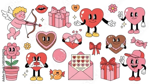 playful collection of heart-themed characters and cute symbols for love and