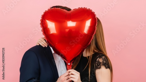 romantic celebration with couple holding heart-shaped balloon against pink