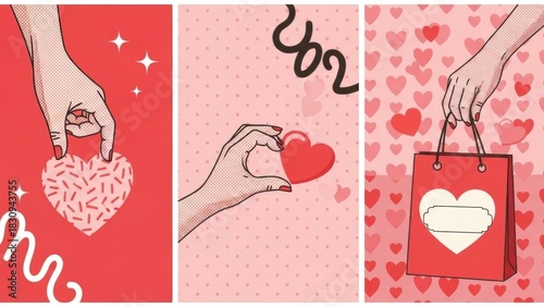 adorable illustrations of hand holding heart gifts and love tokens