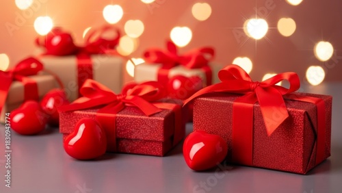Festive Red Gift Boxes with Ribbons and Heart-Shaped Ornaments for Celebrations