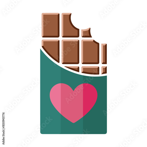 Bitten chocolate bar in green packaging with a pink heart vector on transparent background