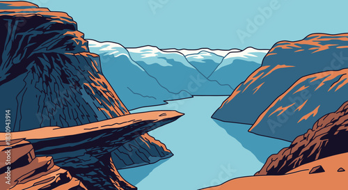 View of Trolltunga, Norway Fjord Cartoon Illustration