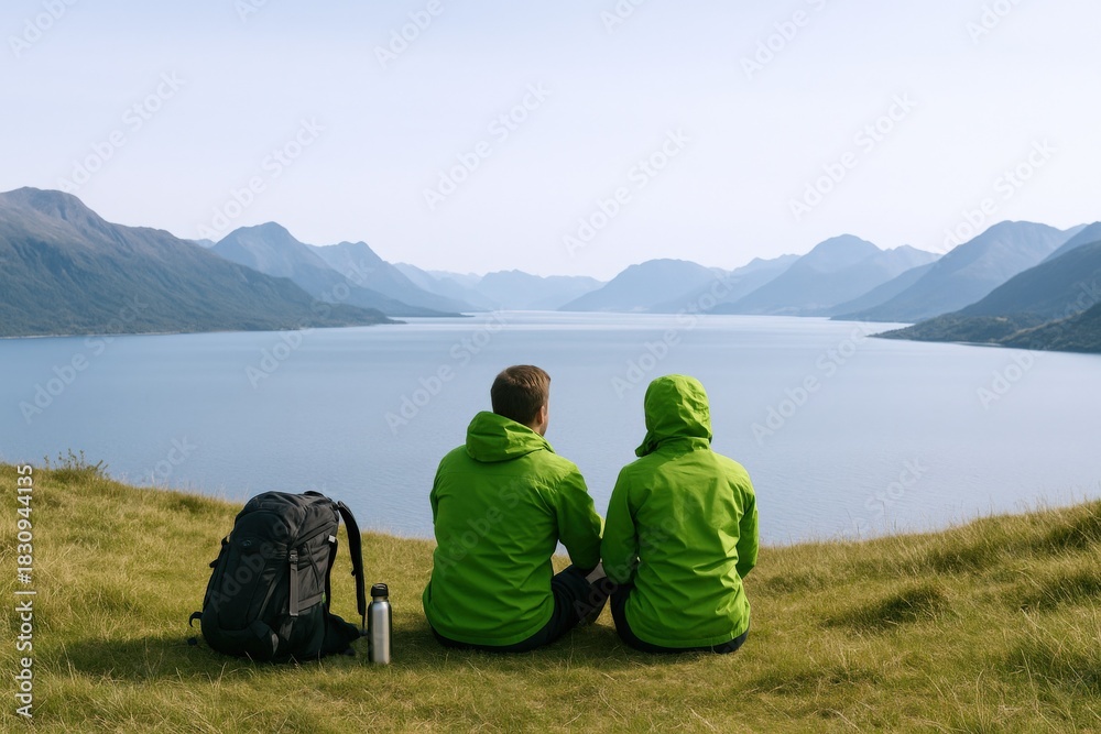 Fototapeta premium Couple Enjoying Scenic Mountain Lake View: Adventure, Togetherness, and Nature in the Highlands