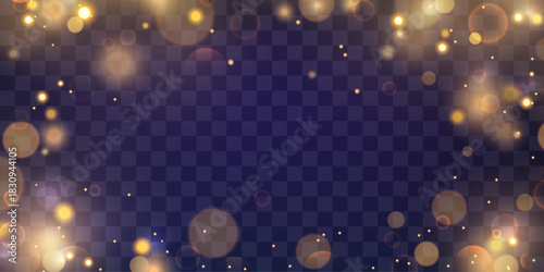 Bokeh lights effect isolated on png background. Soft blured bokeh and lights. Festive golden luminous background. Vector Christmas concept isolated on transparent background