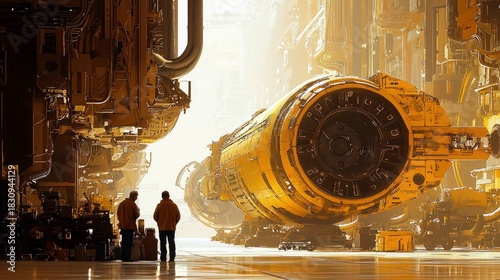 Two men stand in a large industrial setting, examining a large, futuristic engine. The scene is bathed in dramatic, warm lighting.