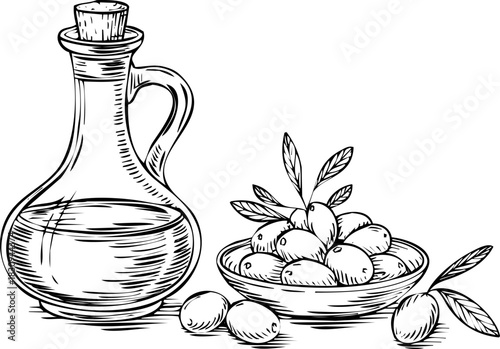 Hand drawn sketch of olive oil bottle and fresh olive fruit