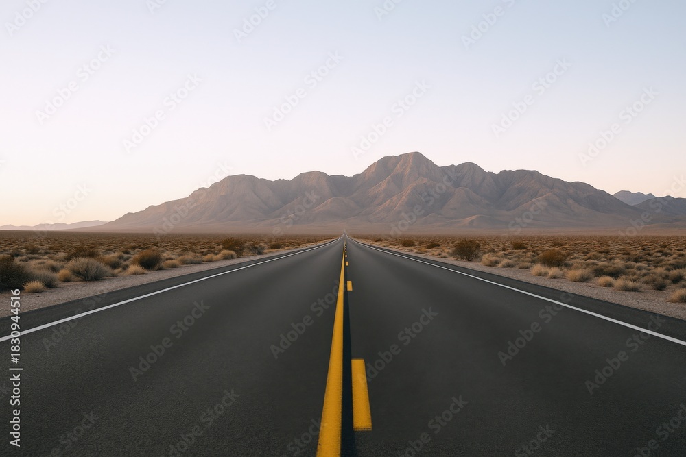 Naklejka premium Endless Desert Highway Leading to Distant Mountains Under a Clear Sky in a Scenic Landscape