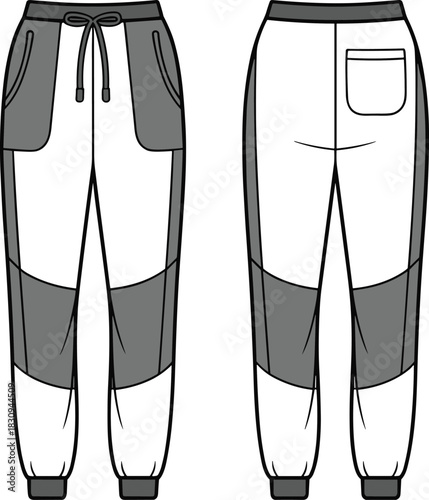 Colorblock panel jogger pants technical flat sketch front and back view elastic waistband drawstring ribbed cuffs patch pocket sportswear design