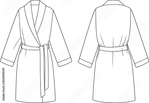 Short shawl collar bathrobe technical flat sketch front and back view garment template fashion vector outline design with belt and cuffs