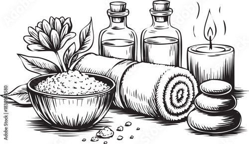 Spa and wellness concept with essential oil, salt, towel, and candle