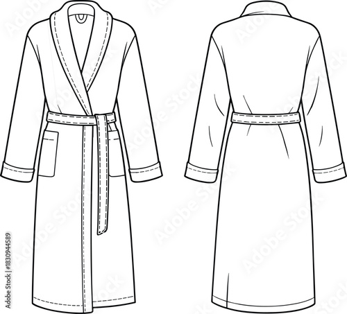 Long shawl collar bathrobe technical vector flat sketch front and back view sewing pattern garment template clean lineart minimal outline