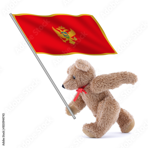 Montenegro flag being carried by a cute teddy bear