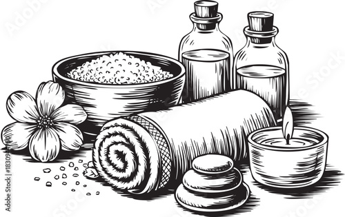 Spa and wellness arrangement with essential oil bottles, towel, and candle