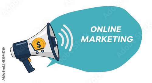 Online marketing concept illustration with megaphone and shopping cart icon