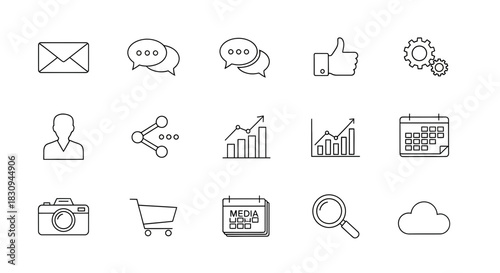 Collection of minimalist line icons representing common digital functions and features