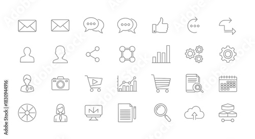 Collection of minimalist line icons for business and digital communication concepts