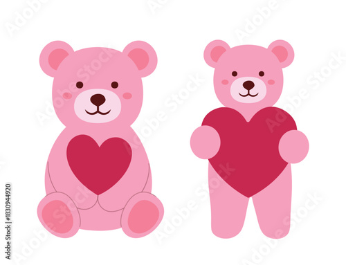 Cute Pink little teddy bear holding a heart flat vector illustration set.
For celebrating Valentine's Day, wedding or birthday.
Valentine's Day icon element.
White background.
