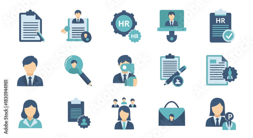 Icon set representing human resources management and recruitment processes for companies