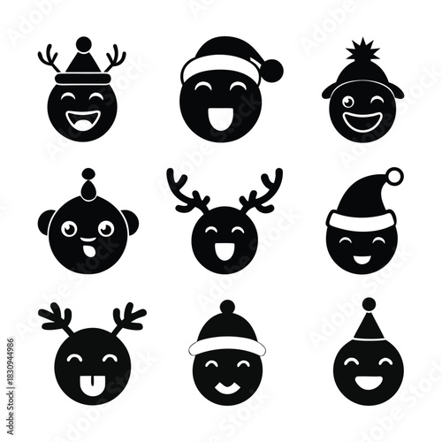 Christmas emojis Santa characters silhouette set. Emoji Christmas Santa hat character in happy, winking, smiling, cute, cool and naughty facial expression emoticon collection vector 