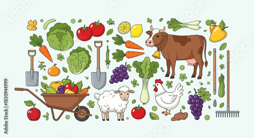 Cartoon illustration showcasing farm animals and fresh produce from agricultural fields