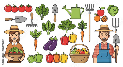 Illustration of farmers with harvested vegetables and fruits, farming equipment and tools