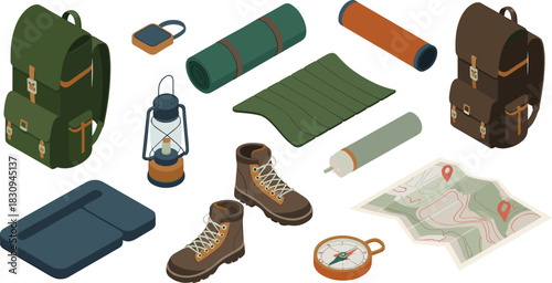 Isometric illustration of camping and hiking gear including backpacks, boots, lantern, compass, sleeping mats, map and outdoor adventure equipment