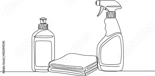 Continuous Single Line Artwork of Cleaning Products Set.