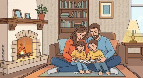 Illustration of a Happy Family Reading a Book Together by a Cozy Fireplace in the Living Room