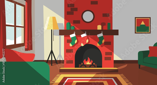 Flat Vector Illustration of a Cozy Christmas Living Room with Fireplace, Stockings, and Holiday Decor