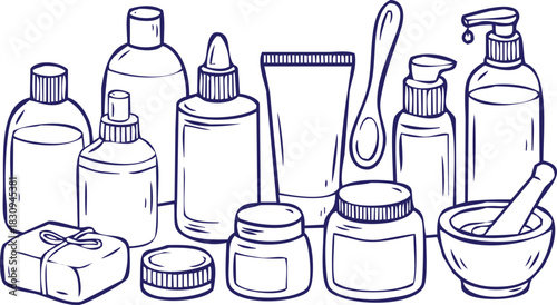 Collection of cosmetic and skincare product line art icons