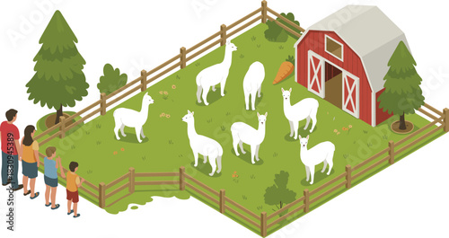 Isometric illustration of family visiting alpaca farm with fenced pasture, barn, trees, cute alpacas and children enjoying outdoor animal attraction