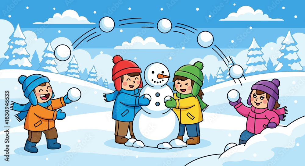 Naklejka premium Children Playing in Snow with Snowman – Joyful Winter Scene with Colorful Outfits and Snowball Fun