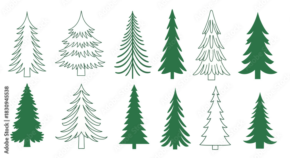 Obraz premium Stylized Evergreen Tree Collection – Hand-Drawn Forest Icons with Unique Shapes and Outlines