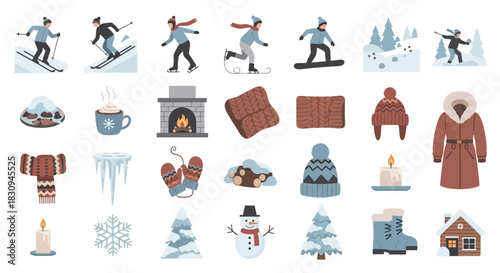 Set of Flat Winter Icons: Sports, Fireplace, Cozy Clothing, and Snowman Decorations