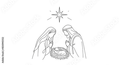 Minimalist Nativity Scene Line Art with Mary, Joseph, and Baby Jesus Under Bethlehem Star