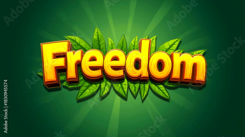 The word freedom in bold yellow text surrounded by green leaves on a dark background