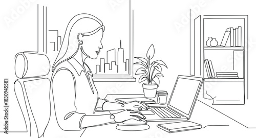 Creative One-Line Woman in Office Setting with Laptop.