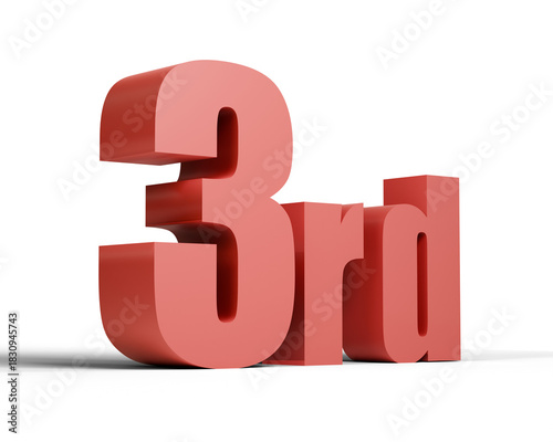 Fotografie Bold Red 3rd Ordinal Number, Position Ranking Icon, Shiny Three-Dimensional Text Cutout Isolated on Transparent Background, 3D Render