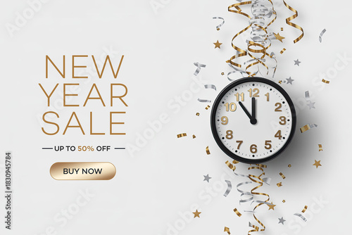 Wallpaper Mural New Year Sale 2026 Minimal White Luxury Clock with Gold Confetti for Elegant Holiday Promotions Torontodigital.ca
