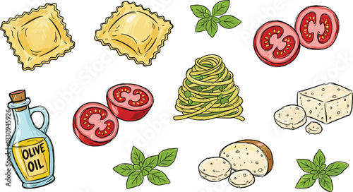 Cute Sketchy Italian Food Icons in Childlike Crayon Style.