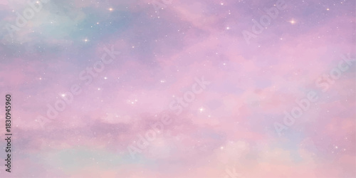 Abstract watercolour background with bright blue sky, white clouds, and colourful summer light