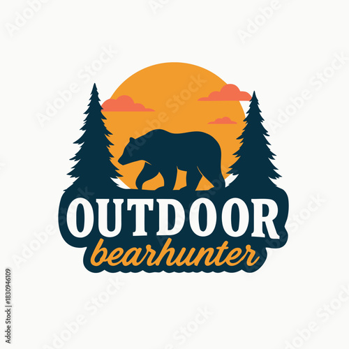 Bear hunting adventure logo with pine trees and sun for outdoor brand design and nature tourism marketing materials needs