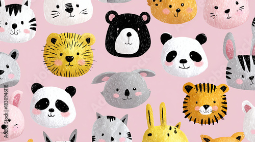 Adorable collection of stylized animal portraits set against a soft pink backdrop, perfect for various creative projects. 