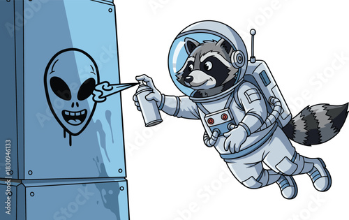 Astronaut raccoon spray painting alien graffiti in space, cartoon space animal art, humorous cosmic illustration with playful character