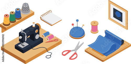Isometric illustration of sewing workspace with machine, scissors, thread spools, fabric, pins, notebook and tailoring accessories for crafting projects